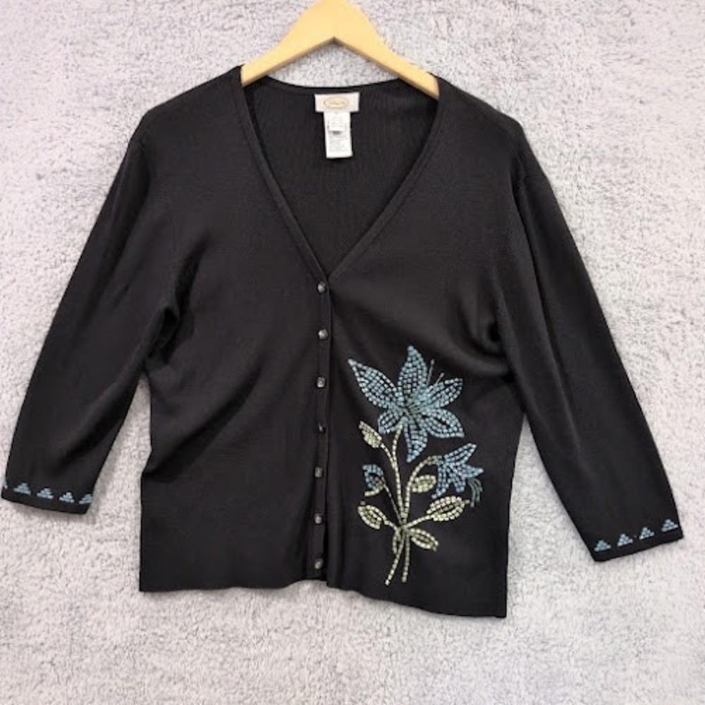 Talbots Cardigan Women XL Black Floral Embroidered 3/4 Sleeve V-Neck Sweater Vtg